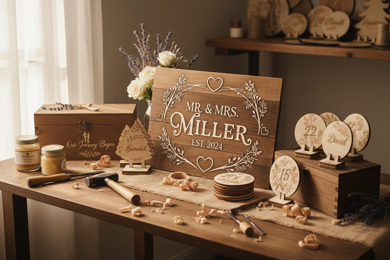  handcraff wooden business, they make personalized stuff for weddings, parties, special ocasions